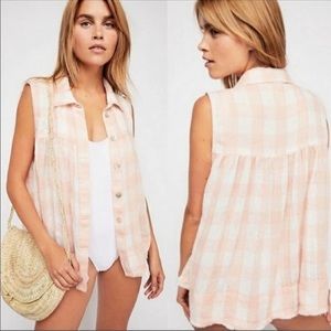 Free‎ People Hey There Sunrise Pink White Check Button Down Tank S